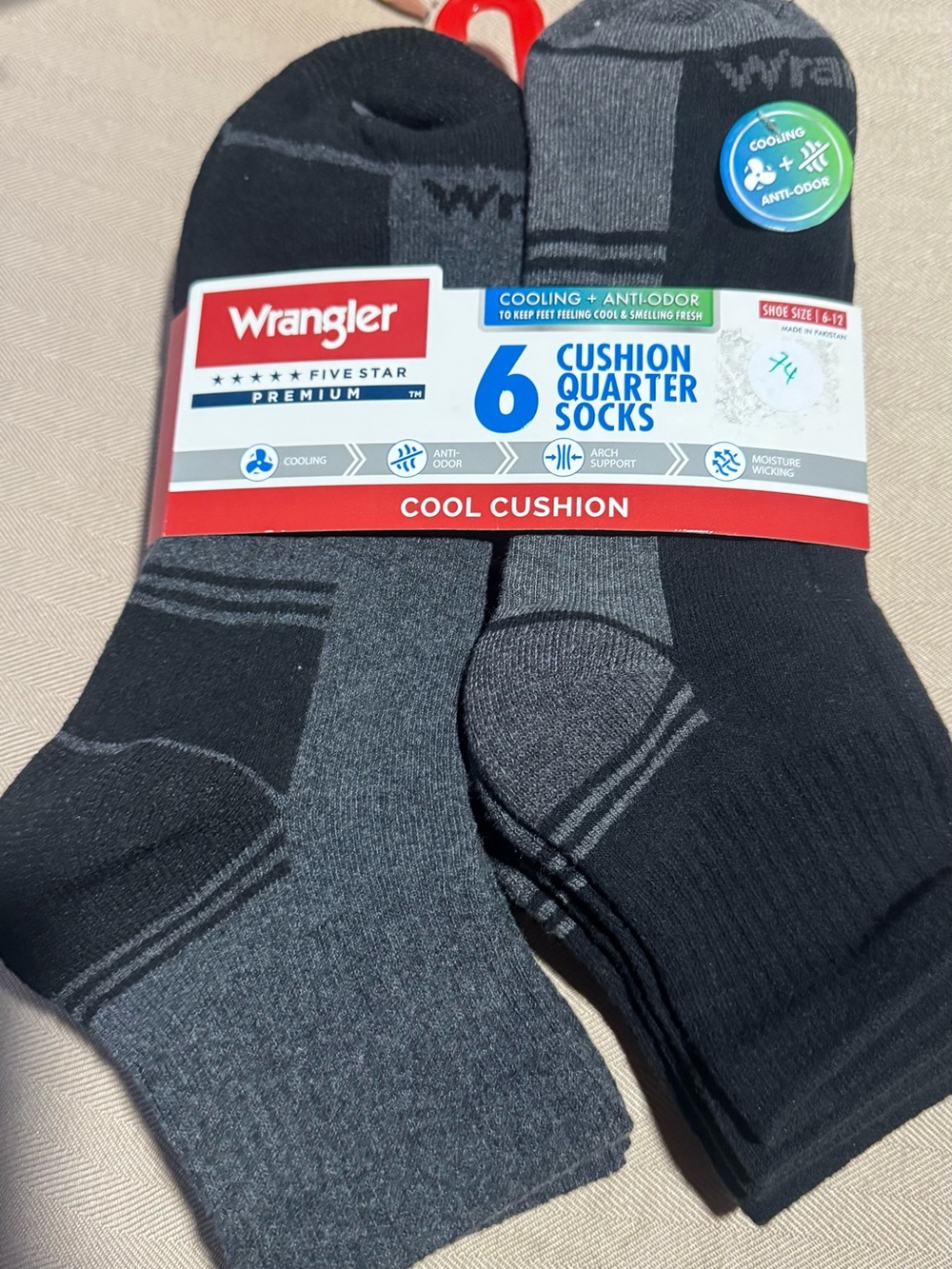 Wrangler Men’s‎ Cool Cushion Quarter Socks - Black & Gray (6-Pack)